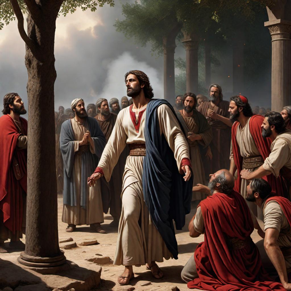  A visual depiction of the two accounts of Judas Iscariot's death as described in the New Testament: 1. In the foreground, show Judas Iscariot feeling remorseful, trying to return the thirty pieces of silver to the chief priests and elders. Upon refusal, he throws the silver into the temple and then goes out and hangs himself from a tree. This should be a somber and sorrowful scene. 2. In the background, show a field with Judas falling headlong, and his body bursting open with his intestines spilled out, as described in Acts 1:18. This can be depicted as a distant and grim scene. Make sure to integrate both scenes seamlessly into one image, capturing the tragedy and despair of both descriptions. hyperrealistic, full body, detailed clothing, highly detailed, cinematic lighting, stunningly beautiful, intricate, sharp focus, f/1. 8, 85mm, (centered image composition), (professionally color graded), ((bright soft diffused light)), volumetric fog, trending on instagram, trending on tumblr, HDR 4K, 8K