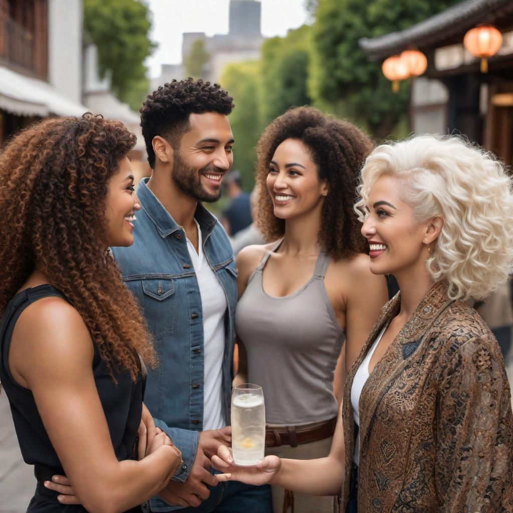  A photograph of four mixed-race people chatting together. The first person is a Chinese mixed-race woman. The second person is a Middle Eastern white man with curly hair. The third person is a Japanese mixed-Latino woman with curly white hair. The fourth person is an Indigenous and European man with wavy blond hair tied back. They are standing together in a casual setting, smiling and enjoying their conversation. hyperrealistic, full body, detailed clothing, highly detailed, cinematic lighting, stunningly beautiful, intricate, sharp focus, f/1. 8, 85mm, (centered image composition), (professionally color graded), ((bright soft diffused light)), volumetric fog, trending on instagram, trending on tumblr, HDR 4K, 8K