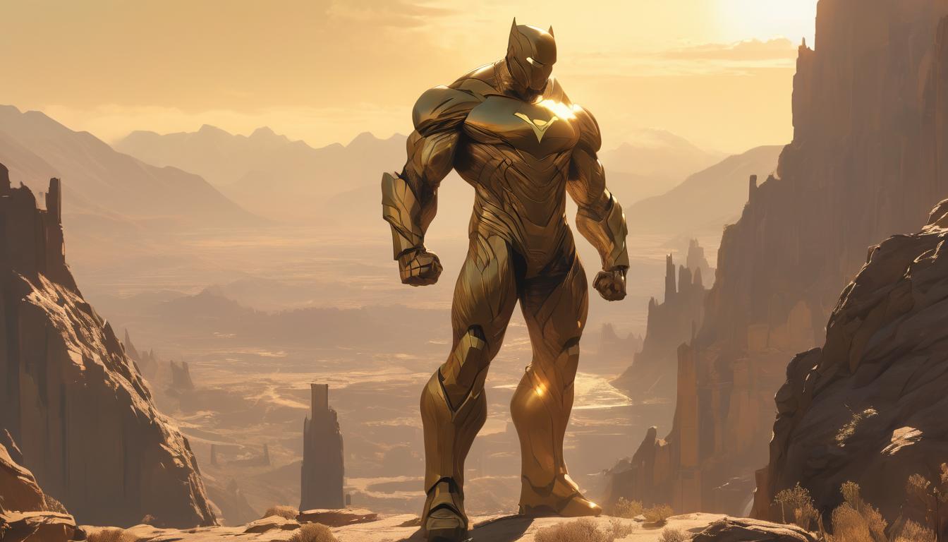  hyperrealism,fantasy aestheticA lone figure standing strong against a backdrop of towering mountains and vast skies, detailed rugged terrain, soft golden light, silhouette and shadows, embodiment of strength and independence, high tech clothing clad in sleek, futuristic costume with metallic accents and form fitting designs, marvel superhero comics style, unreal engine rendering