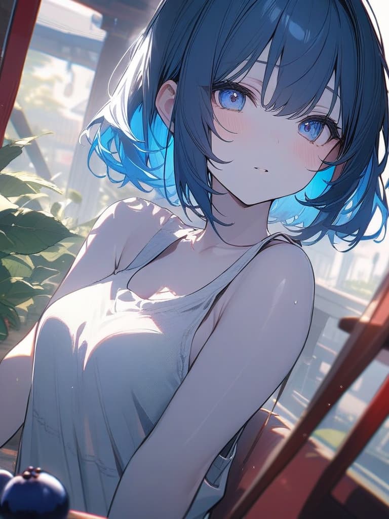  Cute, girl, long hair, thin body, white skin, blue eyes, large eyes, short bob, blueberry, blueberry decoration, tank top, short hair, blue hair color, sauce eye, masterpiece, best quality,8k,ultra detailed,high resolution,an extremely delicate and beautiful,hyper detail