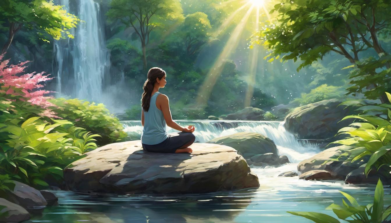  digital illustration, 1woman, kneeling on a smooth rock in a tranquil garden, surrounded by flowing water and lush greenery, hands in a prayer pose, soft sunlight filtering through trees, sense of peace and focus, serene, calmly reflective, looking at viewer, dynamic pose, (intricate details, masterpiece, best quality)