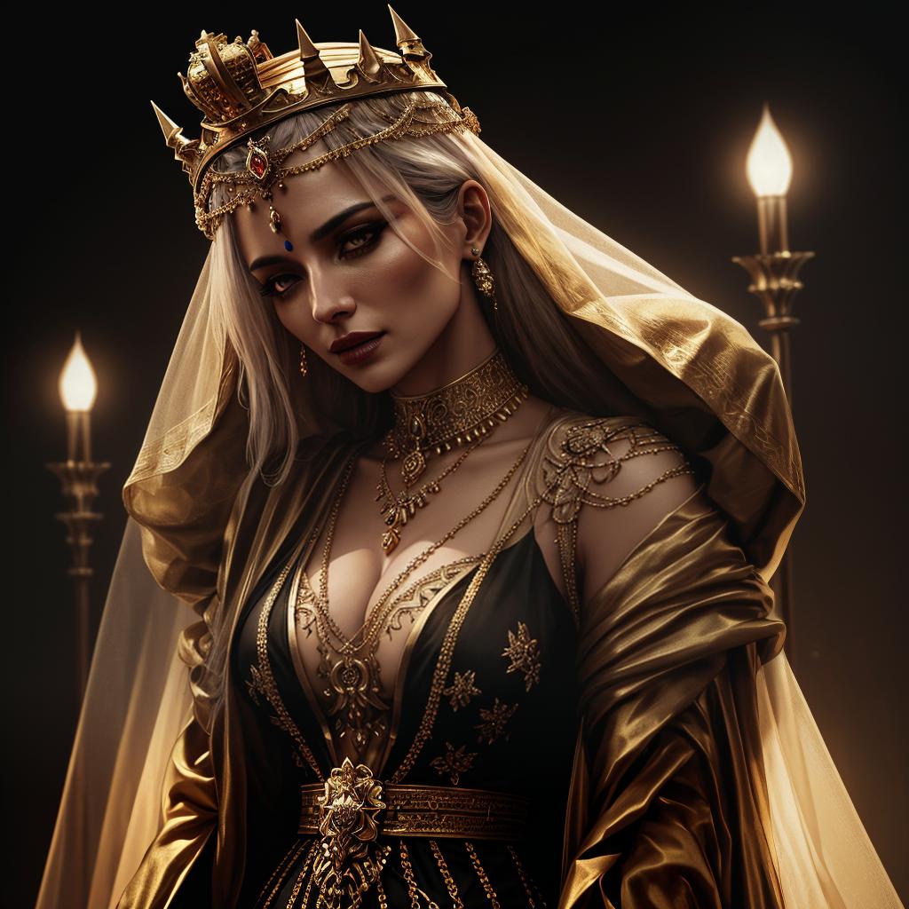  The image features a dead old queen in full attributes, depicted as a mummy. She is wearing a crown and a necklace, with a gold crown on her head and a gold necklace around her neck. The mummy's face is skeletal, and she appears to be wearing a gold and black dress. The scene is set in a dark environment, with a black background and a few lights illuminating the mummy. The overall atmosphere of the image is eerie and mysterious, as it captures the essence of a long deceased queen preserved in her tomb. (controlnet mode:canny juggernautXL v5, sdxl 1.0.0.9. safetensors, SeargeSDXL4.2 Llama2 prompt) hyperrealistic, full body, detailed clothing, highly detailed, cinematic lighting, stunningly beautiful, intricate, sharp focus, f/1. 8, 85mm, (centered image composition), (professionally color graded), ((bright soft diffused light)), volumetric fog, trending on instagram, trending on tumblr, HDR 4K, 8K