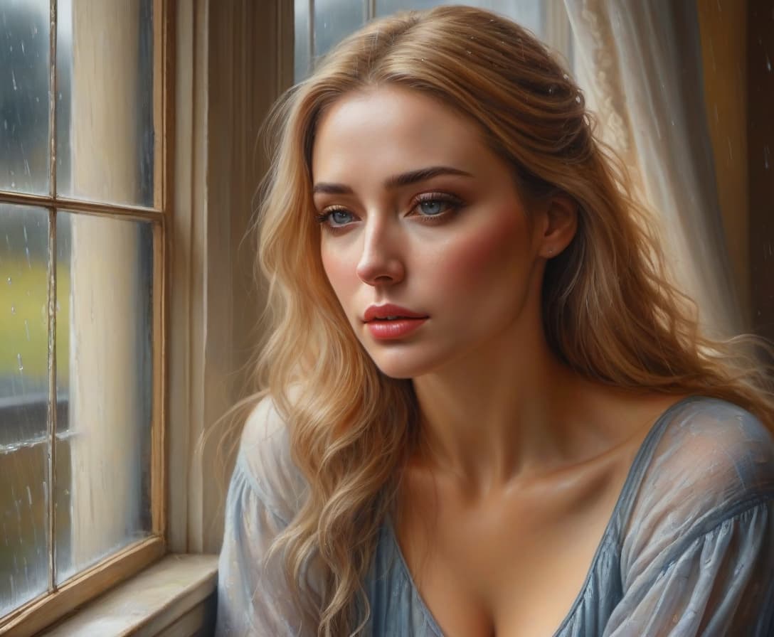  hyperrealistic art A portrait painted with colors, a beautiful woman with a very sad face, emotions of sadness on her perfectly drawn face, looking ahead, rain is falling outside the window, gloomy, ideal detailing of the image, maximum clarity, professional, realistic drawing, classical, oil, painting in the best traditions of portraitism, a masterpiece. . extremely high resolution details, photographic, realism pushed to extreme, fine texture, incredibly lifelike hyperrealistic, full body, detailed clothing, highly detailed, cinematic lighting, stunningly beautiful, intricate, sharp focus, f/1. 8, 85mm, (centered image composition), (professionally color graded), ((bright soft diffused light)), volumetric fog, trending on instagram, trending on tumblr, HDR 4K, 8K