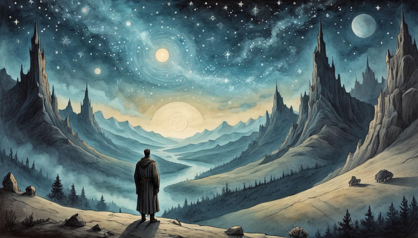  on parchment, surrealism+++, A figure looks up at a starlit sky from a darkened valley, inner light glowing within, seeking guidance, star map above, introspective, guiding(mysterious, provocative, symbolic,muted color)+++