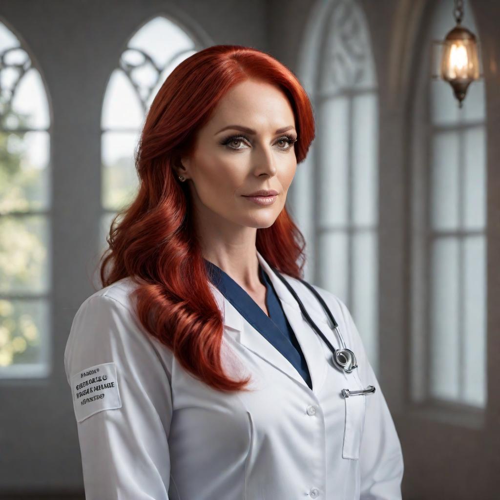  An image of an angelic hospice nurse with red hair who is helping to usher souls into the afterlife alongside Jesus Christ. hyperrealistic, full body, detailed clothing, highly detailed, cinematic lighting, stunningly beautiful, intricate, sharp focus, f/1. 8, 85mm, (centered image composition), (professionally color graded), ((bright soft diffused light)), volumetric fog, trending on instagram, trending on tumblr, HDR 4K, 8K