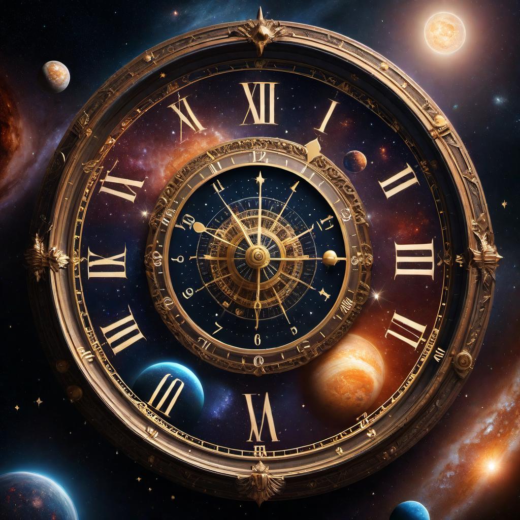  A cosmic scene with stars, planets, and a time dial. The background is a vast, dark space filled with twinkling stars of various sizes. In the foreground, there are several colorful, detailed planets, including gas giants and rocky worlds, some with rings or moons orbiting them. Among these celestial bodies is a large, antique time dial, similar to a clock, with ornate hands and numbers, floating in space. The time dial should emit a faint, mystical glow, suggesting its importance and otherworldly nature. hyperrealistic, full body, detailed clothing, highly detailed, cinematic lighting, stunningly beautiful, intricate, sharp focus, f/1. 8, 85mm, (centered image composition), (professionally color graded), ((bright soft diffused light)), volumetric fog, trending on instagram, trending on tumblr, HDR 4K, 8K