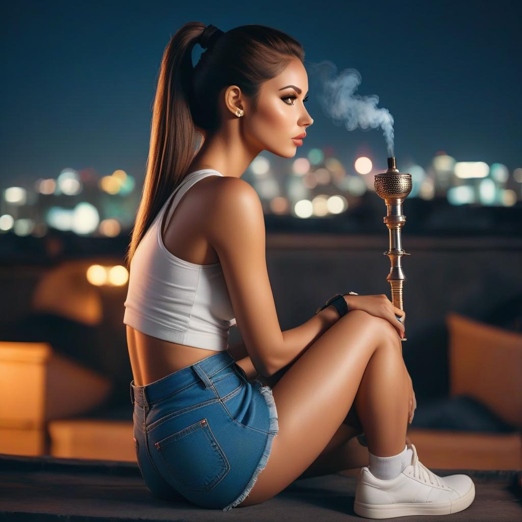  A girl is sitting on a rooftop against the backdrop of a nighttime city, hair in a ponytail, dark hair, holding a hookah, wearing denim shorts, and white sneakers in a side view. hyperrealistic, full body, detailed clothing, highly detailed, cinematic lighting, stunningly beautiful, intricate, sharp focus, f/1. 8, 85mm, (centered image composition), (professionally color graded), ((bright soft diffused light)), volumetric fog, trending on instagram, trending on tumblr, HDR 4K, 8K