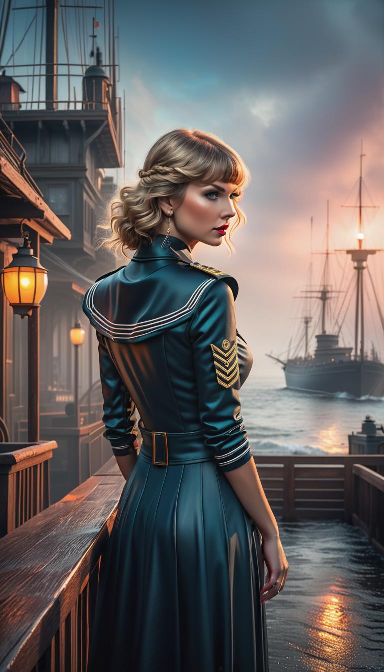  Cyberpunk style depiction of Taylor Swift as a sailor. The scene is set in a world where technology has advanced, but society and human conditions have not, creating a gritty, dystopian atmosphere. hyperrealistic, full body, detailed clothing, highly detailed, cinematic lighting, stunningly beautiful, intricate, sharp focus, f/1. 8, 85mm, (centered image composition), (professionally color graded), ((bright soft diffused light)), volumetric fog, trending on instagram, trending on tumblr, HDR 4K, 8K