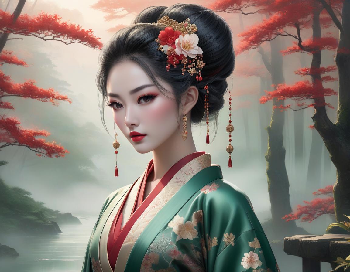  grunge style An illustrated woman in traditional Asian attire with elaborate hairstyle stands before a serene, misty forest landscape with a bridge. Create a digital painting of an ethereal Asian woman with pale skin and delicate facial features, standing amidst a fantastical forest environment. She wears a traditional Japanese kimono in shades of emerald green with floral patterns, accented with crimson and gold borders. Her hair is styled in an elaborate Shimada updo, embellished with intricate hairpins and decorations, including Kanzashi with flowers and dangling ornaments. She glances to her side with almond shaped eyes in a subtle shade, exhibiting softly blushed cheeks and traditional makeup with red accents. The background consists o hyperrealistic, full body, detailed clothing, highly detailed, cinematic lighting, stunningly beautiful, intricate, sharp focus, f/1. 8, 85mm, (centered image composition), (professionally color graded), ((bright soft diffused light)), volumetric fog, trending on instagram, trending on tumblr, HDR 4K, 8K