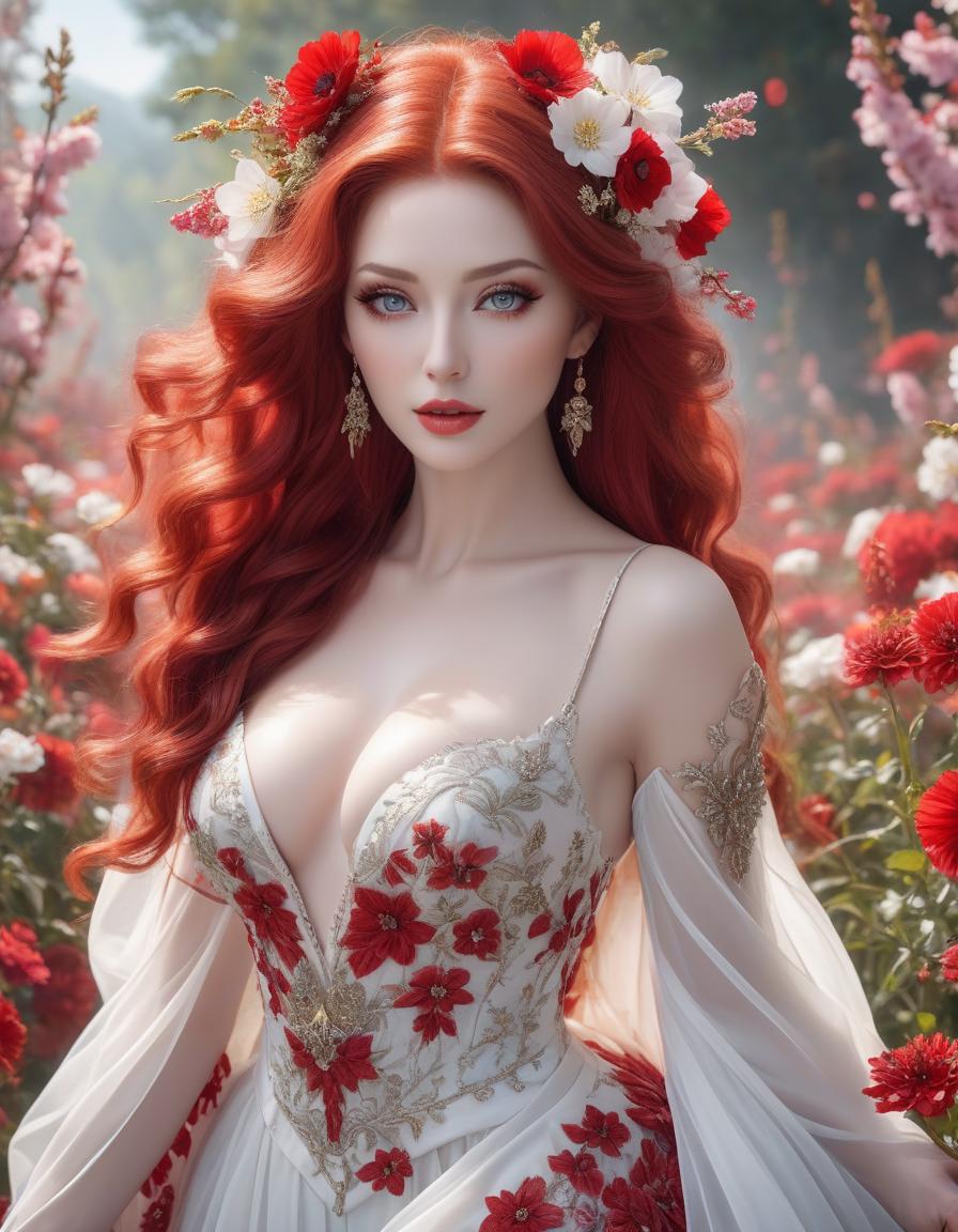  The best AI image of an exquisitely beautiful woman with beautiful eyes and beautiful mouth and milky white skin, she has flowing red tresses decorated with red and white flowers and is wearing an insanely beautiful and detailed dress, bold pastel colours hyperrealistic, full body, detailed clothing, highly detailed, cinematic lighting, stunningly beautiful, intricate, sharp focus, f/1. 8, 85mm, (centered image composition), (professionally color graded), ((bright soft diffused light)), volumetric fog, trending on instagram, trending on tumblr, HDR 4K, 8K