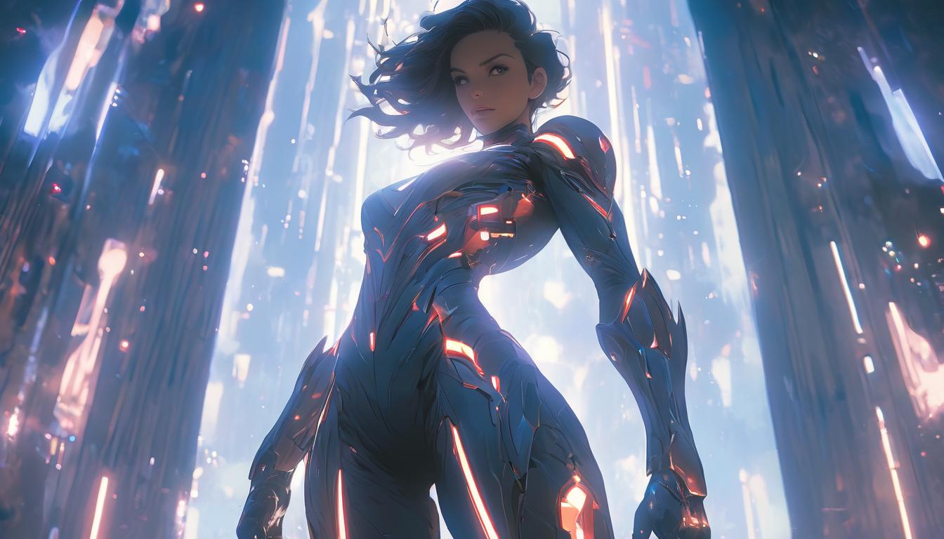  hyperrealism,fantasy aesthetic1woman, large busted attractive brunette arian female humanoid, standing on a celestial balcony, galaxy backdrop, soft starlight, high tech clothing clad in sleek, futuristic costume with metallic accents and form fitting designs, marvel superhero comics style, unreal engine rendering