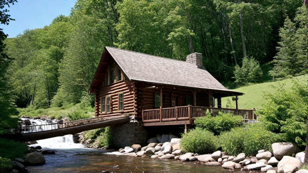  Log Cabin with a Picturesque Bridge Over Stream, This image must feature the exterior of a log cabin. zoom out to see the full home. make the image sharp and crips. bright sunny.