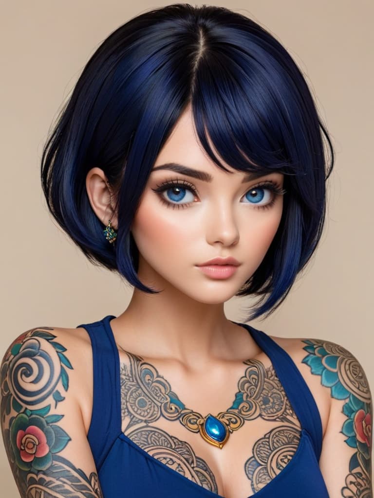  make a woman with black hair and make her hair short and make her eyes dark blue and make the character have tattoos on her arms and on her neck