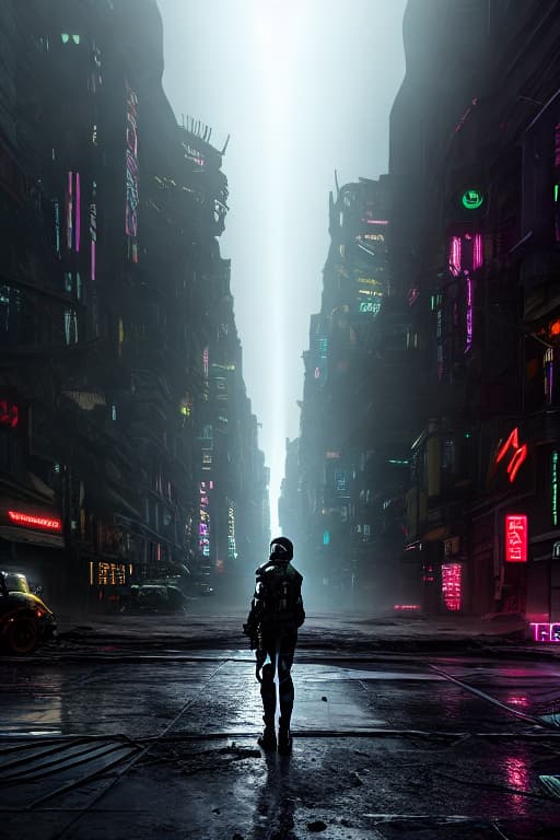  dark futuristic scenery, atmospheric fog, moonlight, futuristic city,dirty busy streets with open shops, trash on street, run down buildings, (postapocalyptic city:1.3) hyperrealistic, full body, detailed clothing, highly detailed, cinematic lighting, stunningly beautiful, intricate, sharp focus, f/1. 8, 85mm, (centered image composition), (professionally color graded), ((bright soft diffused light)), volumetric fog, trending on instagram, trending on tumblr, HDR 4K, 8K