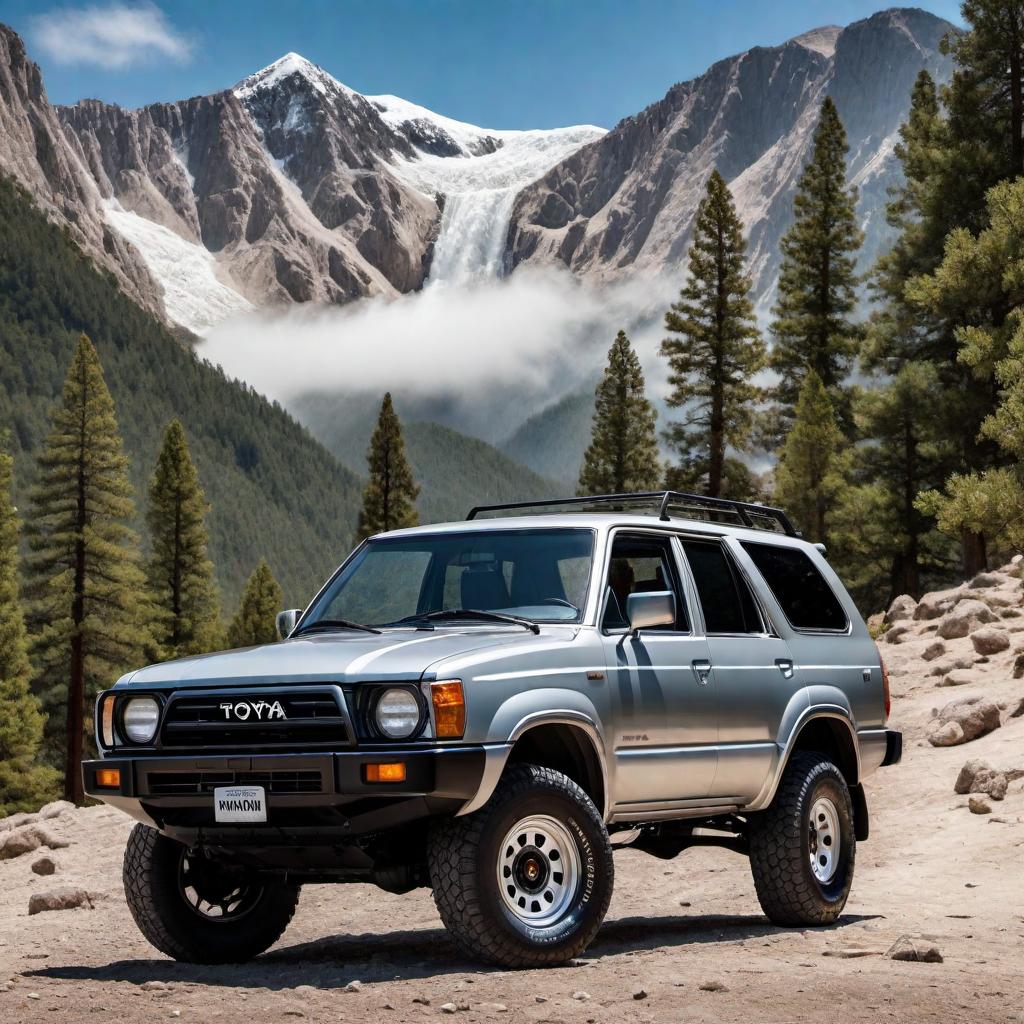  1985 Toyota 4Runner in silver color, parked in a scenic location with a mountainous background, under a clear blue sky hyperrealistic, full body, detailed clothing, highly detailed, cinematic lighting, stunningly beautiful, intricate, sharp focus, f/1. 8, 85mm, (centered image composition), (professionally color graded), ((bright soft diffused light)), volumetric fog, trending on instagram, trending on tumblr, HDR 4K, 8K