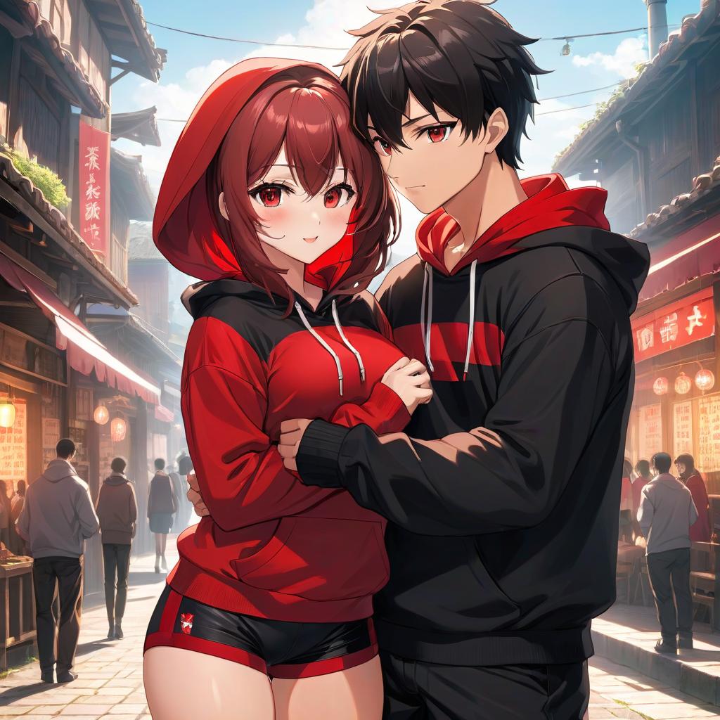  anime artwork The nine yea , beautiful face, blushed, an fitting open and black red top, perfect body shape, large cheeks and s, black red shorts, socks, hugging a lean nine yea man in a red hoodie and black pants, with a celet on her left wrist, against a bright sunny background, they love each other. . anime style, key visual, vint, studio anime, highly detailed hyperrealistic, full body, detailed clothing, highly detailed, cinematic lighting, stunningly beautiful, intricate, sharp focus, f/1. 8, 85mm, (centered image composition), (professionally color graded), ((bright soft diffused light)), volumetric fog, trending on instagram, trending on tumblr, HDR 4K, 8K