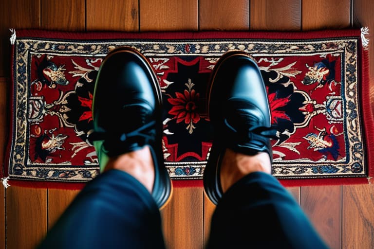  "Closeup of a luxurious, intricately patterned area rug with rich, vibrant colors and detailed textures. The rug is laid out on a polished wooden floor, with soft, natural light streaming in from a nearby window, highlighting the fine details and craftsmanship. The background is a cozy, elegantly furnished living room with neutral tones, ensuring the rug remains the focal point. The image is highly realistic, with a warm and inviting mood, perfect for enticing potential buyers. Style modifiers: ultra realistic, high quality, detailed, cozy, inviting."Ensure no face,leg,hand or eye defomities.Ensure all images are clear, detailed, contains no text and no deformities. realistic, highly detailed, photorealistic, cinematic lighting, intricate,  hyperrealistic, full body, detailed clothing, highly detailed, cinematic lighting, stunningly beautiful, intricate, sharp focus, f/1. 8, 85mm, (centered image composition), (professionally color graded), ((bright soft diffused light)), volumetric fog, trending on instagram, trending on tumblr, HDR 4K, 8K