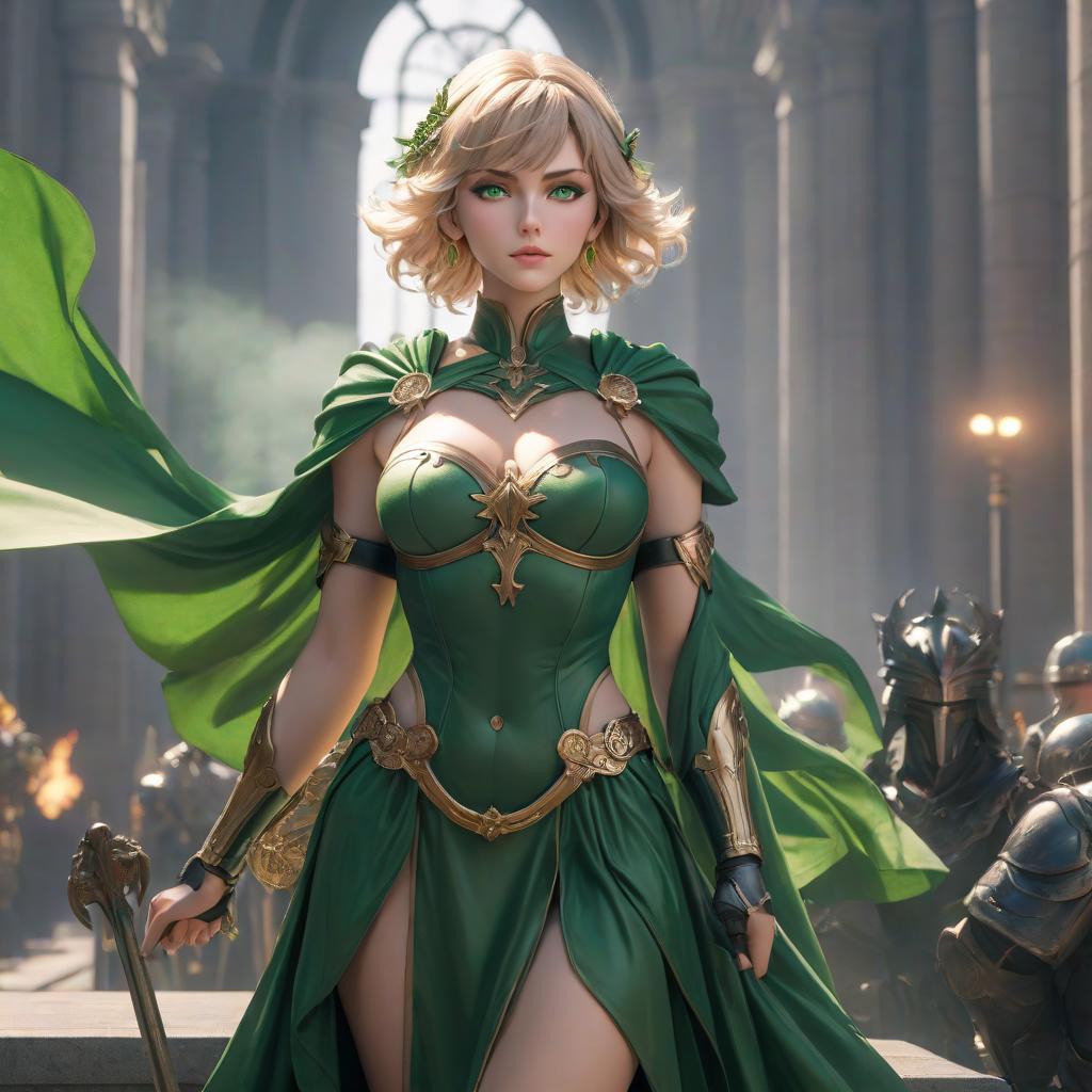  The goddess of justice and order. Short light hair, green eyes hyperrealistic, full body, detailed clothing, highly detailed, cinematic lighting, stunningly beautiful, intricate, sharp focus, f/1. 8, 85mm, (centered image composition), (professionally color graded), ((bright soft diffused light)), volumetric fog, trending on instagram, trending on tumblr, HDR 4K, 8K