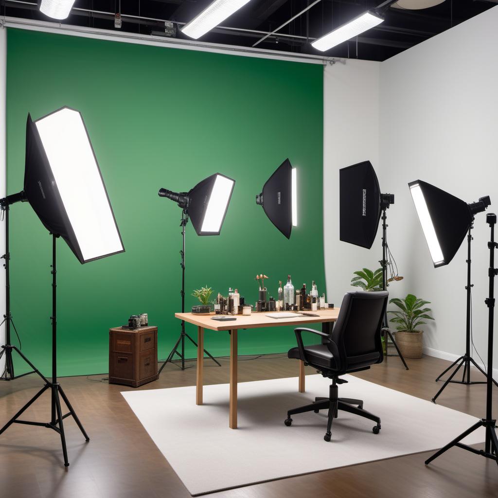  The interior of a low-budget film studio. The space has a large, open room with a simple, functional setup. Basic lighting equipment and cameras are arranged on tripods. The walls are painted a neutral color, and there are some basic green screens and a few props scattered around. There is a small table with a few chairs for script reading and discussions. A corner of the room has a makeshift makeup station with a mirror and basic supplies. The overall vibe is industrious and creative, with a focus on practicality and efficiency. hyperrealistic, full body, detailed clothing, highly detailed, cinematic lighting, stunningly beautiful, intricate, sharp focus, f/1. 8, 85mm, (centered image composition), (professionally color graded), ((bright soft diffused light)), volumetric fog, trending on instagram, trending on tumblr, HDR 4K, 8K