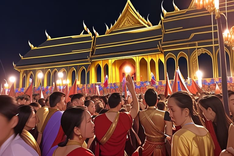  Party at the palace, celebrating victory outside Thai palace in the night sooooo many people There are warriors Look at the picture from a distant perspective.