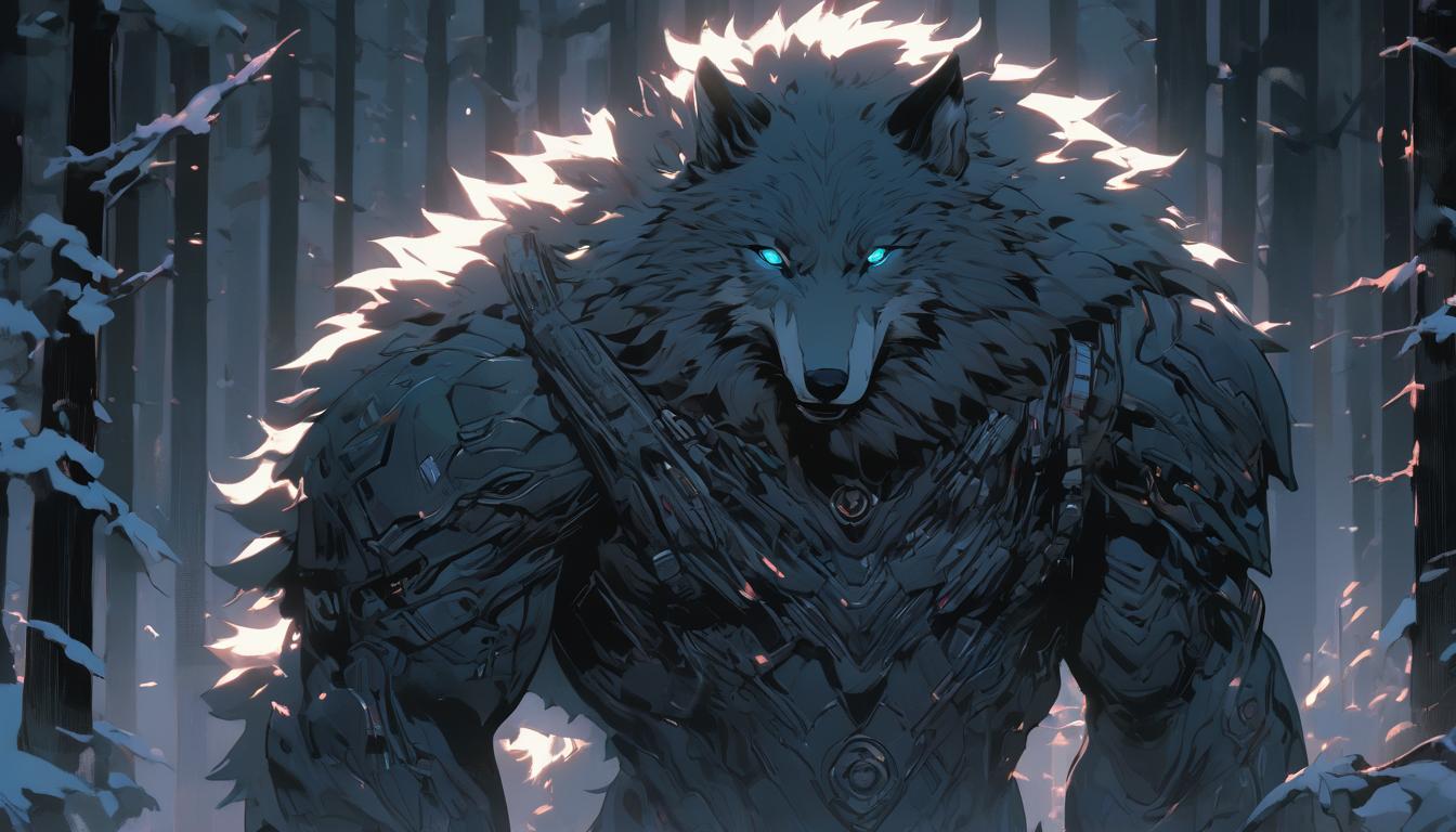  hyperrealism,fantasy aestheticA lone wolf, fur detailed with intricate lines, against a backdrop of a dense forest, wolf stands proudly, world of followers depicted as shadowy figures in the background, high tech clothing clad in sleek, futuristic costume with metallic accents and form fitting designs, marvel superhero comics style, unreal engine rendering