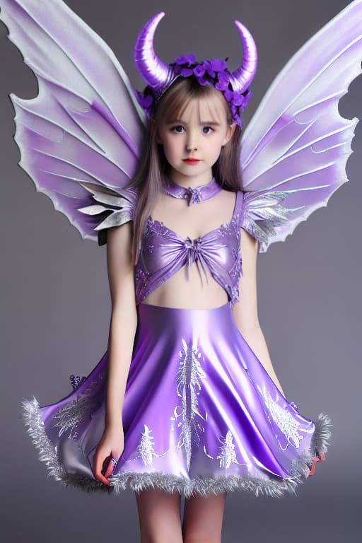  Purple Demon princess silver dress with horns and fairy wings in blue flames