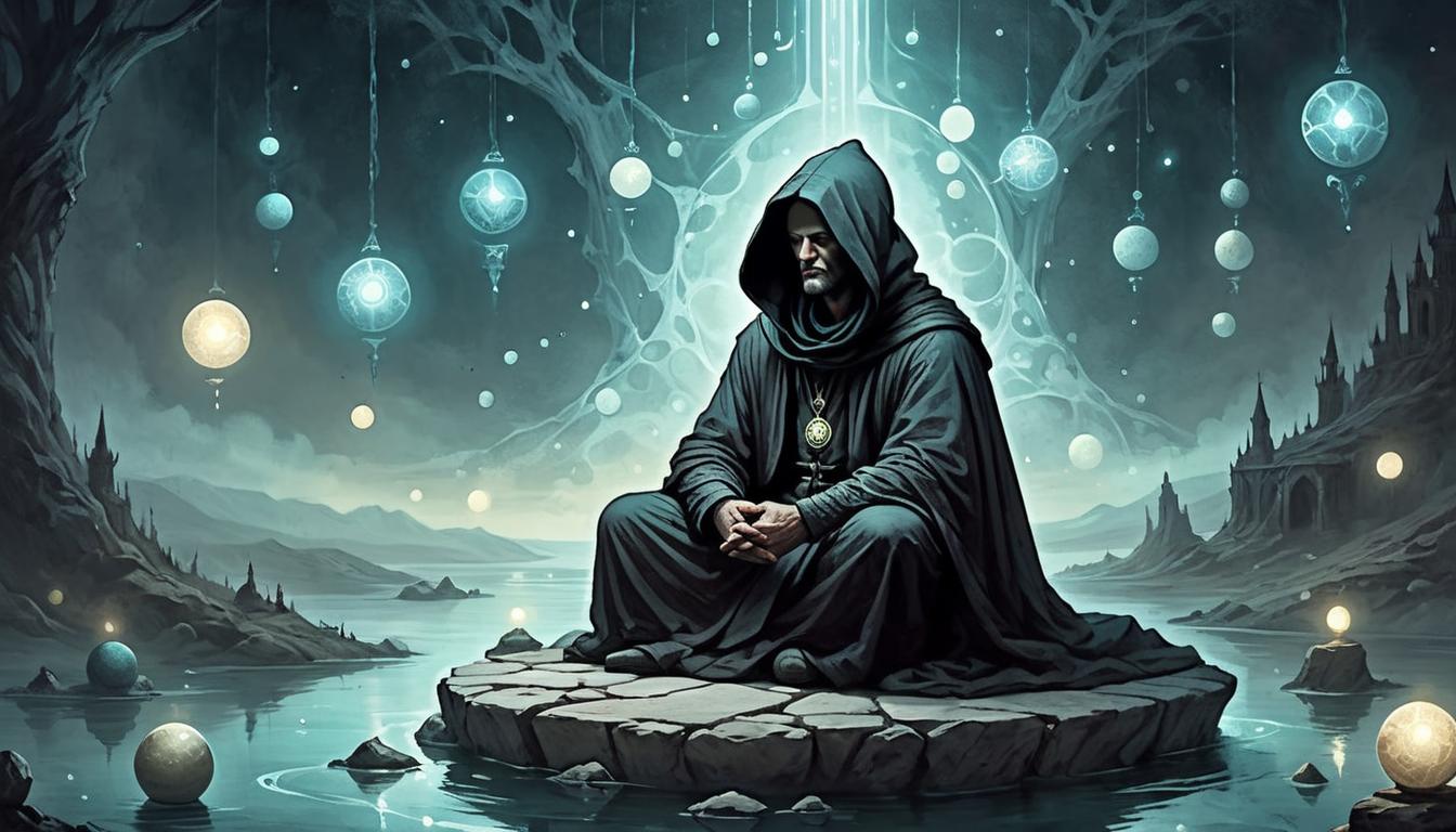  on parchment, surrealism+++, A hooded figure sitting cross legged on a stone platform, surrounded by floating orbs of light, calm, introspective, dark and mystical atmosphere(mysterious, provocative, symbolic,muted color)+++