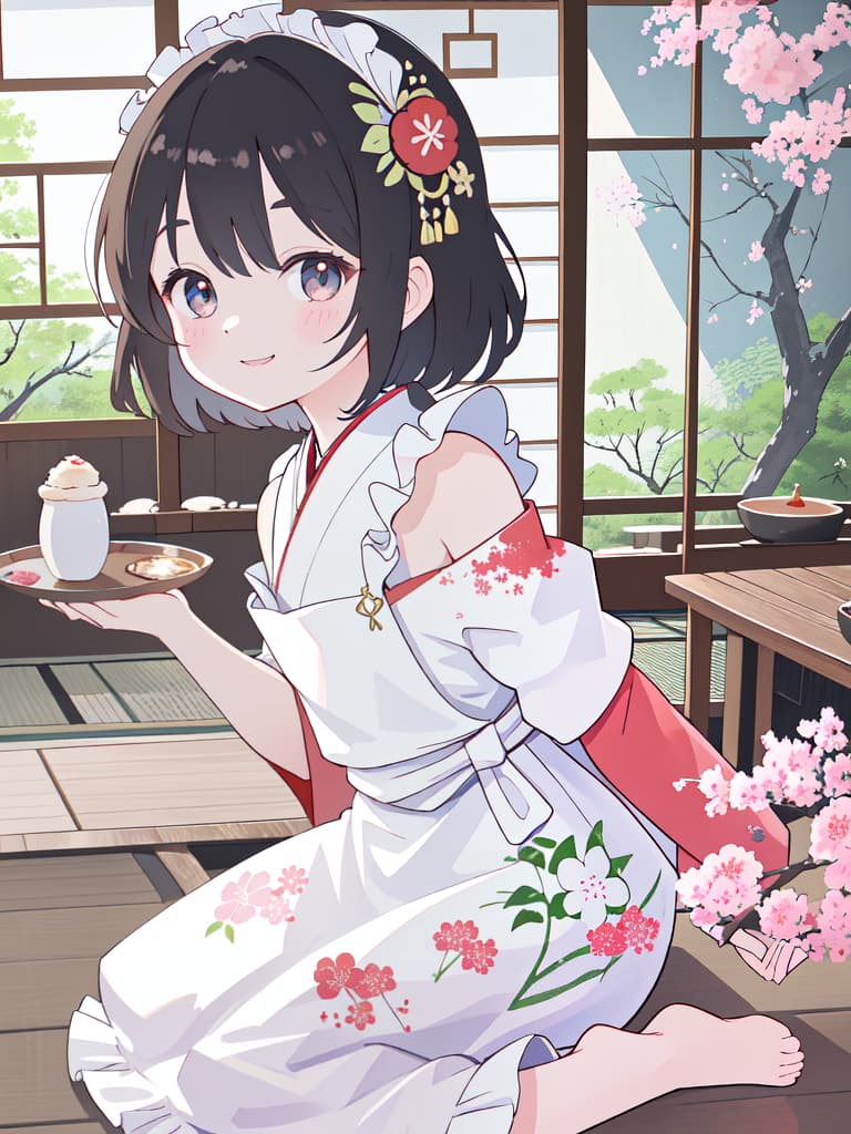  Japanese Painting Style, FRILL APRON, BARE SHOULDER, CARRY A TRAY, HAPPY SMILE, Japanese Cafe, Best Quality: 1.4, ULTRA DETALED EXTURE, Raw PhotOREALISTIC, Absurd Resolution, 8k Illustration, 💩: 1.0, 💩, 💩, 💩, 💩, 💩,, masterpiece, best quality,8k,ultra detailed,high resolution,an extremely delicate and beautiful,hyper detail