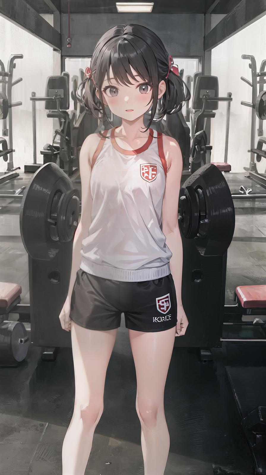  master piece , best quality,master piece,cute ,(),white short pants,sport ,black hair,arms behind back,embrred,gym,dark place