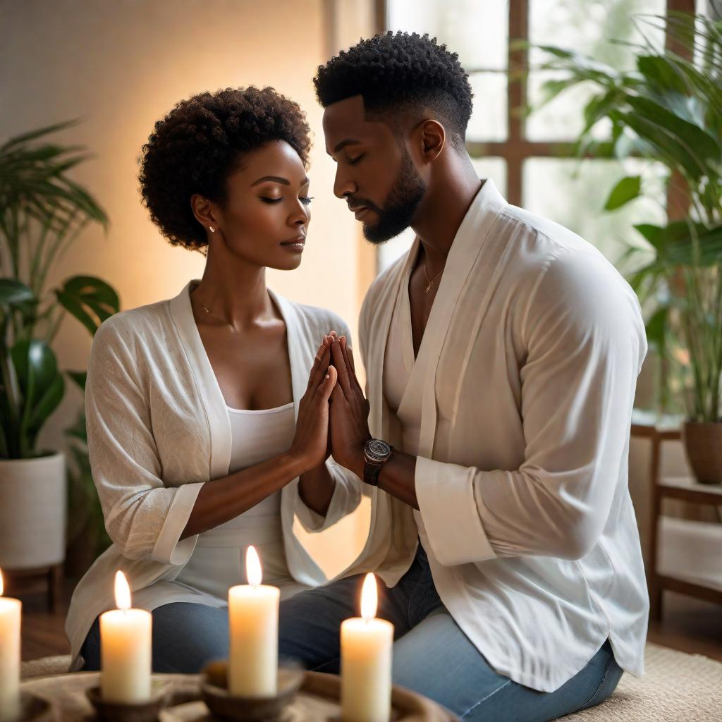  A black couple sitting down in a calm and serene environment. One person is gently placing their hands on the other, representing the flow of Reiki energy healing. The setting is soothing, with soft lighting and elements like candles or plants in the background. The couple looks peaceful and connected, with a sense of relief and tranquility on their faces as the Reiki energy flows to help them with anxiety. hyperrealistic, full body, detailed clothing, highly detailed, cinematic lighting, stunningly beautiful, intricate, sharp focus, f/1. 8, 85mm, (centered image composition), (professionally color graded), ((bright soft diffused light)), volumetric fog, trending on instagram, trending on tumblr, HDR 4K, 8K