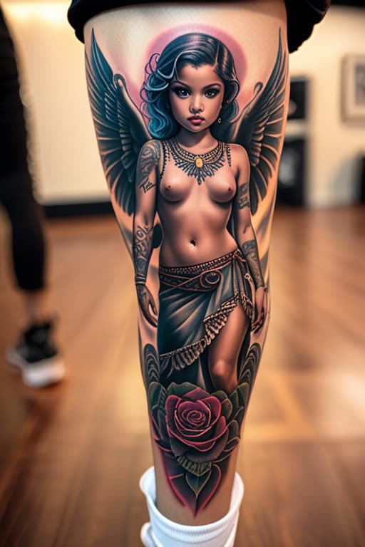  Chicano angel baby tattoo face hyperrealistic, full body, detailed clothing, highly detailed, cinematic lighting, stunningly beautiful, intricate, sharp focus, f/1. 8, 85mm, (centered image composition), (professionally color graded), ((bright soft diffused light)), volumetric fog, trending on instagram, trending on tumblr, HDR 4K, 8K