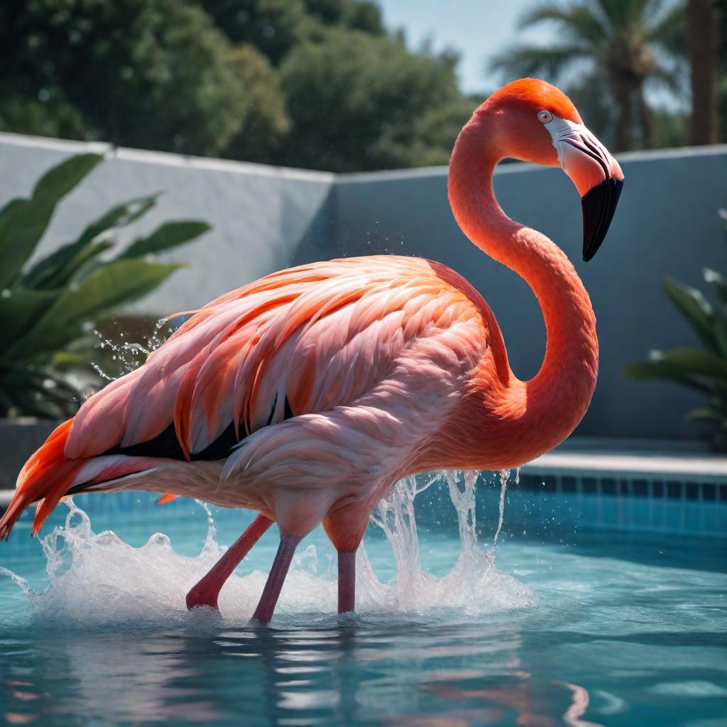  A killer flamingo in a swimming pool. The scene is intense, with water splashing around and the flamingo looking fierce and dangerous. hyperrealistic, full body, detailed clothing, highly detailed, cinematic lighting, stunningly beautiful, intricate, sharp focus, f/1. 8, 85mm, (centered image composition), (professionally color graded), ((bright soft diffused light)), volumetric fog, trending on instagram, trending on tumblr, HDR 4K, 8K