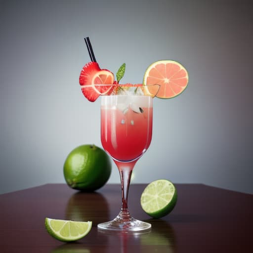  Fresh cocktails with lime and fruit on table
