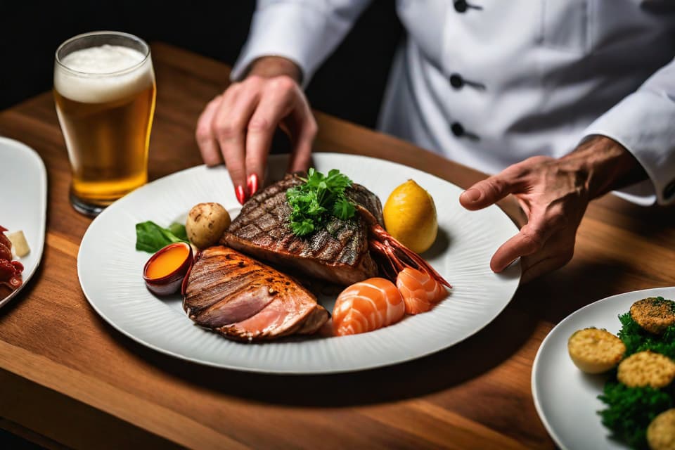  "Realistic close up of a male hand reaching for a plate filled with high purine foods like red meat, shellfish, and beer. The background is a simple, clean kitchen setting with neutral tones to avoid distractions. The hand shows visible signs of gout, such as redness and swelling, to emphasize the cause. The image is detailed and uses high quality lighting to highlight the textures and colors of the food and the hand, ensuring the focus remains on the connection between diet and gout."Ensure no face,leg,hand or eye defomities.Ensure all images are clear, detailed, contains no text and no deformities. realistic, highly detailed, photorealistic, cinematic lighting, intricate, sharp focus, f/1.8, 85mm, (centered image composition), (profession hyperrealistic, full body, detailed clothing, highly detailed, cinematic lighting, stunningly beautiful, intricate, sharp focus, f/1. 8, 85mm, (centered image composition), (professionally color graded), ((bright soft diffused light)), volumetric fog, trending on instagram, trending on tumblr, HDR 4K, 8K