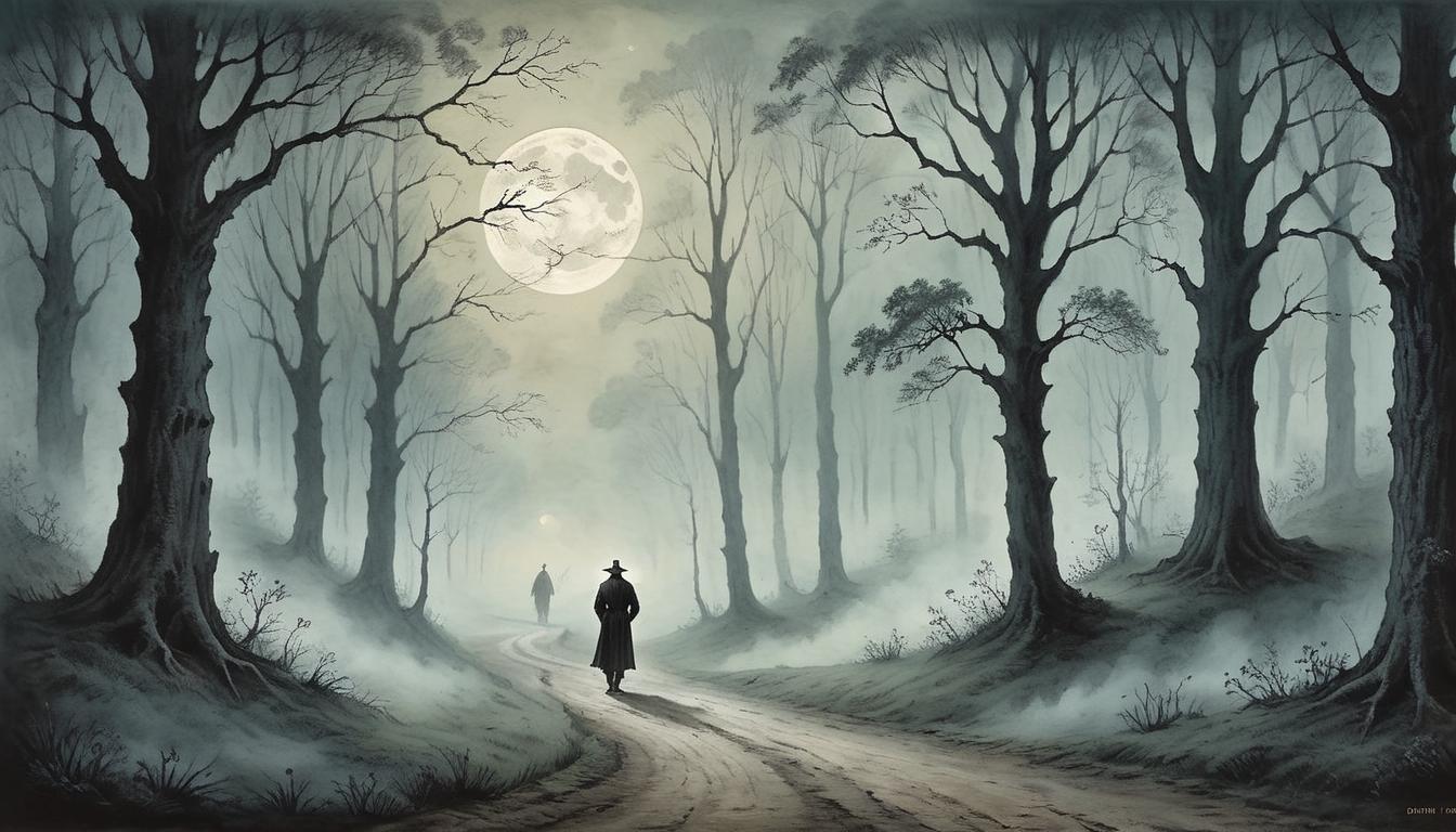  on parchment, surrealism+++, A lone figure walking along a mist covered path, surrounded by tall, shadowy trees, solitary journey, calm reflection, eerie tranquility, moonlit trail(mysterious, provocative, symbolic,muted color)+++