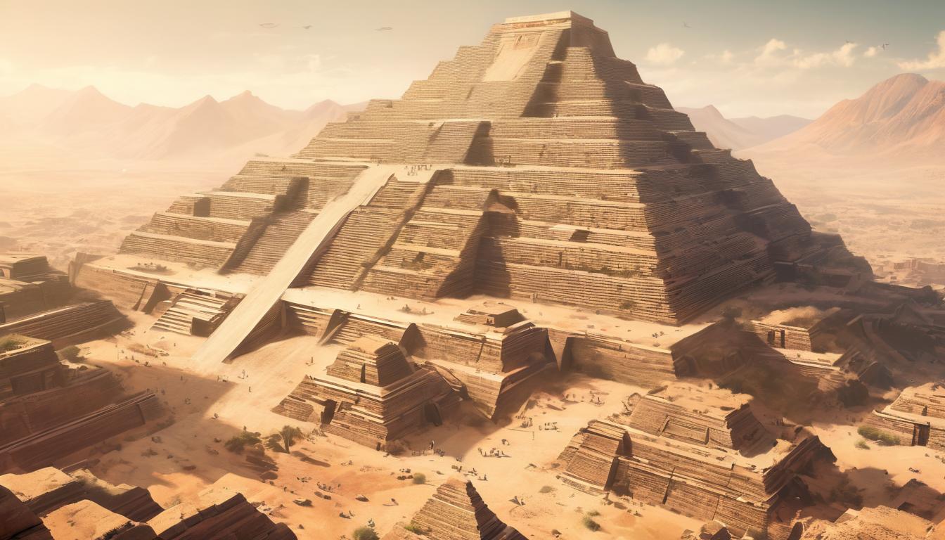  hyperrealism,fantasy aestheticAerial view of the Step Pyramid, its terraced steps rising majestically, desert landscape surrounding it, sharp contrast between the pyramid's structure and the natural terrain, remarkable departure, grandeur, high tech clothing clad in sleek, futuristic costume with metallic accents and form fitting designs, marvel superhero comics style, unreal engine rendering