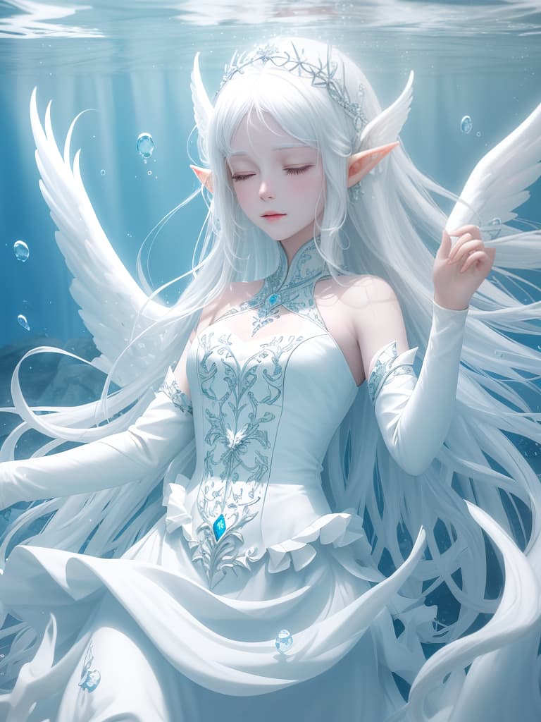  White hair, underwater, beautiful, sleeping, elf, angel wings, white skin, white clothes, cute, long hair straight, in the sea, fantastic, masterpiece, best quality,8k,ultra detailed,high resolution,an extremely delicate and beautiful,hyper detail