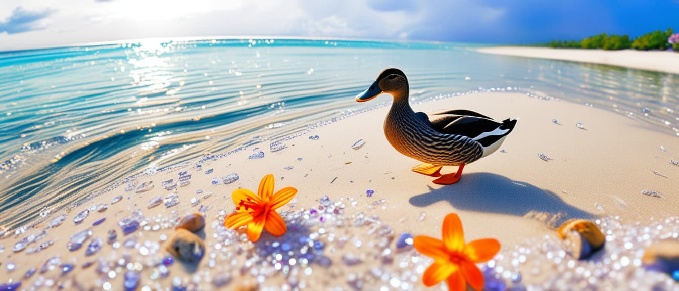  best quality, HD, Beach summer panoramic background with Diving Duck flower on the cristal sand and glory water