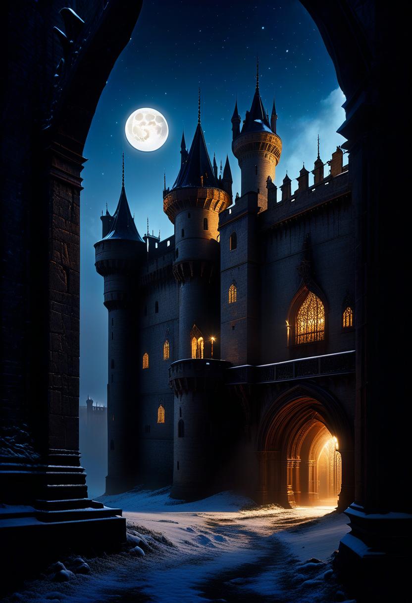  (Masterpiece, acrylic painting: 1.7). Best quality, aesthetic,mesmerise celestial moonlight, a corridor of medieval majestic castle, detailed architecture, magic winter night, full glowing moon, light from the windows, falling snow and wind, beautiful night landscape, misterious palace, Rococo, surrealism, fairy tale, fantasy. Dynamic and expressive, with a dance of light and glow inspired by Jarek Kubicki huge busy detailed scene. HDR, 4k, vibrant light trail effect on a realistic, hyperdetailed glowing castle hyperrealistic, full body, detailed clothing, highly detailed, cinematic lighting, stunningly beautiful, intricate, sharp focus, f/1. 8, 85mm, (centered image composition), (professionally color graded), ((bright soft diffused light)), volumetric fog, trending on instagram, trending on tumblr, HDR 4K, 8K