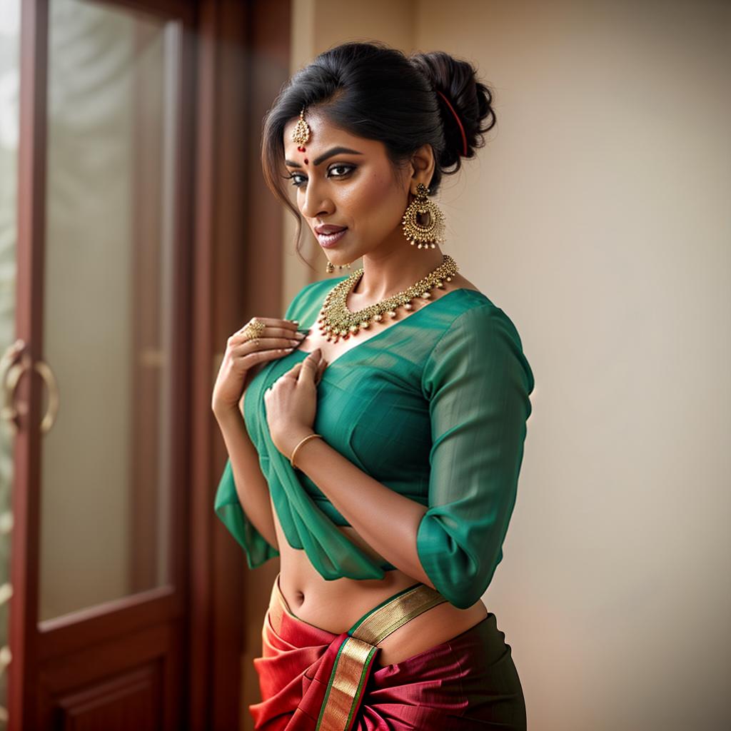  The image shows an Indian woman standing in a room. She is wearing a green blouse and a red and white sari. The sari is wrapped around her waist and pulled up to her chest, exposing her midriff. She is also wearing a necklace and earrings. The woman has a large bindi on her forehead and her hair is tied back in a bun. She is standing barefoot on the floor. In the background, there is a wall with a window and a door. hyperrealistic, full body, detailed clothing, highly detailed, cinematic lighting, stunningly beautiful, intricate, sharp focus, f/1. 8, 85mm, (centered image composition), (professionally color graded), ((bright soft diffused light)), volumetric fog, trending on instagram, trending on tumblr, HDR 4K, 8K