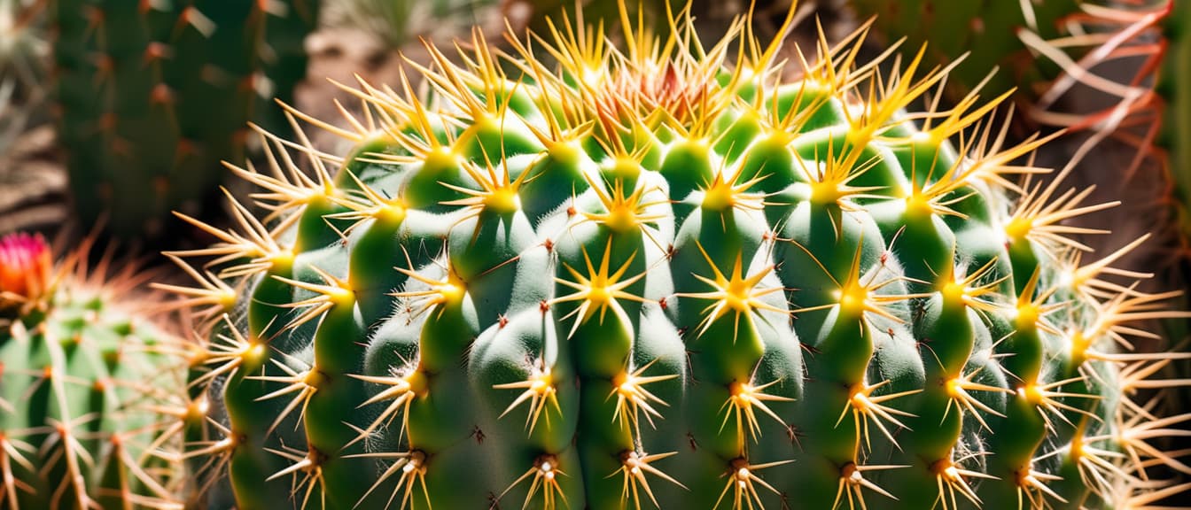  Macro Photography, Close up of a vibrant green cactus with yellow spines in natural sunlight, close up, macro 100mm, macro photography