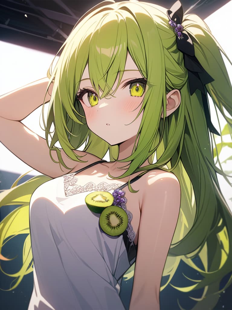  Cute, girl, long hair, thin body, kiwi fruit, kiwi decoration, yellow green eyes, yellow green hair, half twin tail, camisole, large eyes, idol, masterpiece, best quality,8k,ultra detailed,high resolution,an extremely delicate and beautiful,hyper detail