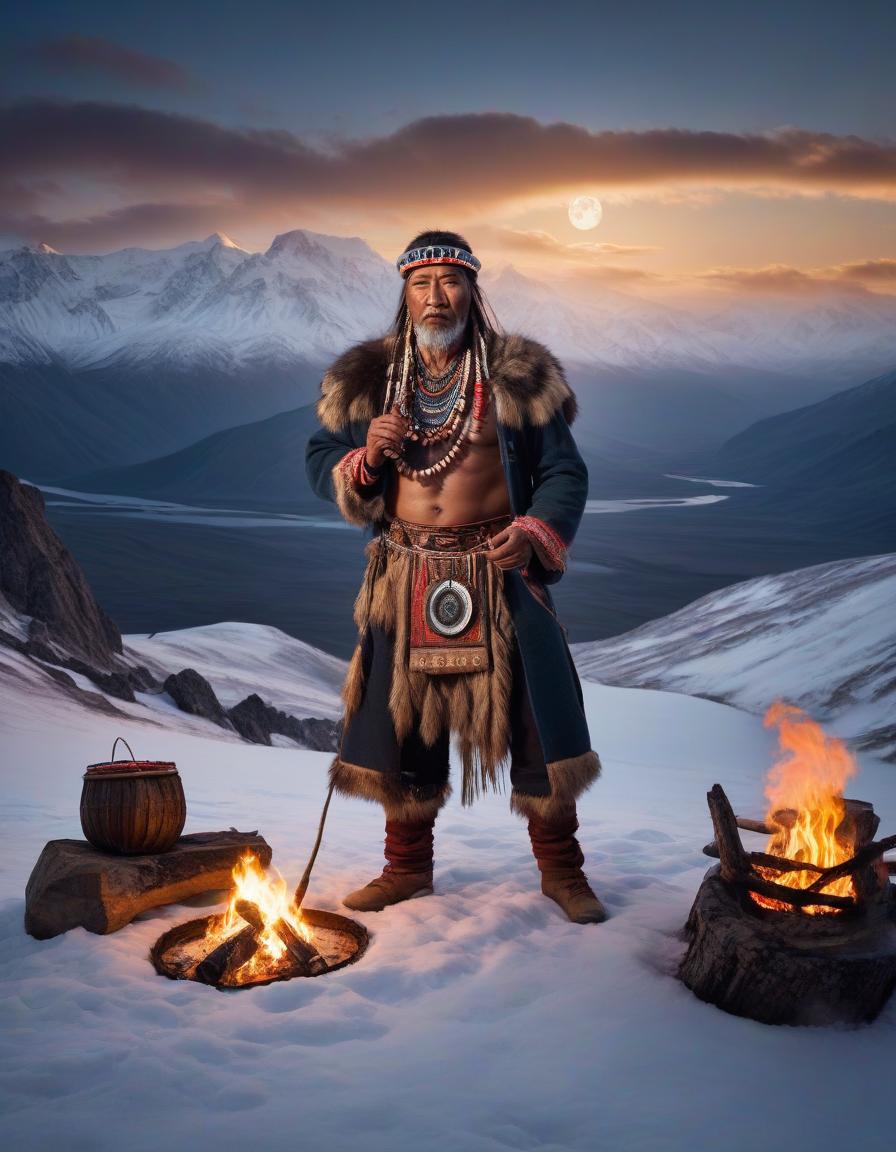  Yamal shaman with a tambourine performing a ritual dance by the fire. evening, moon, Snow capped mountains in the background hyperrealistic, full body, detailed clothing, highly detailed, cinematic lighting, stunningly beautiful, intricate, sharp focus, f/1. 8, 85mm, (centered image composition), (professionally color graded), ((bright soft diffused light)), volumetric fog, trending on instagram, trending on tumblr, HDR 4K, 8K