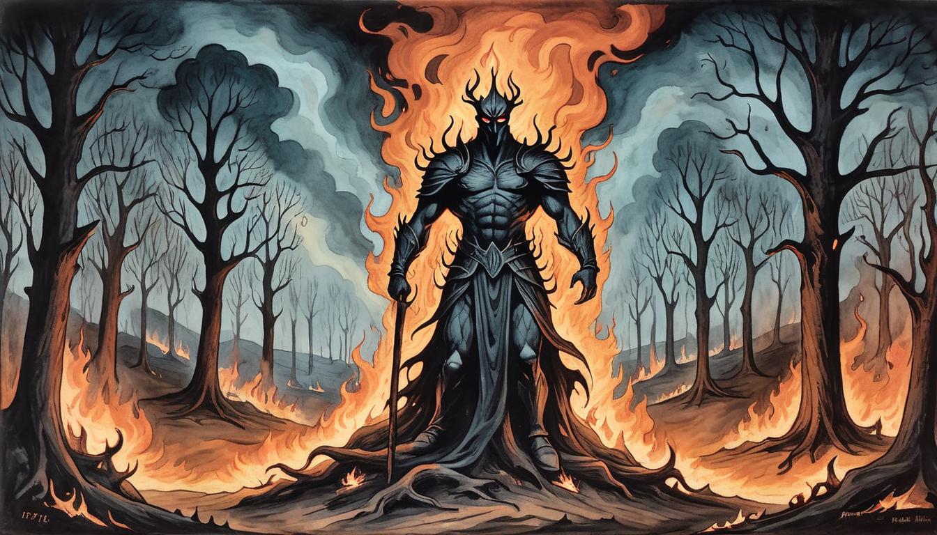  on parchment, surrealism+++, A figure stands among burning trees, emerging from flames, unscathed, symbolizing triumph over destruction, night sky in background, flames casting dramatic shadows, figure radiates resilience and defiance, fiery, triumphant(mysterious, provocative, symbolic,muted color)+++