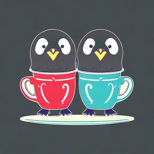  Two cute penguins in love, drinking coffee together, looking very affectionate. It's summer. The scene is set for a die-cut sticker, digital drawing. The sticker has a solid white background, a strong black border surrounding the white die-cut border, and no shadow.