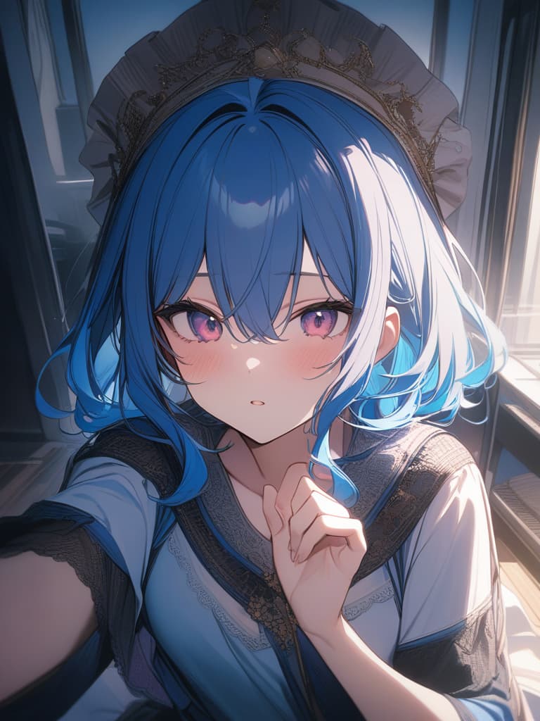  Goddess, god, blue hair, cheeky, blue clothes, pink hag, masterpiece, best quality,8k,ultra detailed,high resolution,an extremely delicate and beautiful,hyper detail