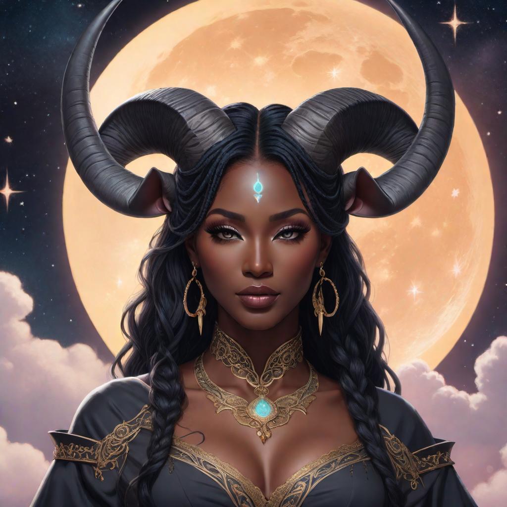  A black female Capricorn fantasy character with horns, illustrated in a lofi style. The character should have a serene, almost ethereal presence, with cosmic elements like stars and a crescent moon incorporated into the background. The color palette should include soft, muted tones with a dreamy, nostalgic aesthetic. The overall mood should be relaxing and calming, embodying the chill vibes typical of lofi art. hyperrealistic, full body, detailed clothing, highly detailed, cinematic lighting, stunningly beautiful, intricate, sharp focus, f/1. 8, 85mm, (centered image composition), (professionally color graded), ((bright soft diffused light)), volumetric fog, trending on instagram, trending on tumblr, HDR 4K, 8K