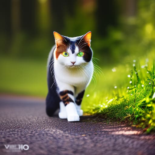 redshift style 1. A cat walking on a long, winding road, looking curious and determined. hyperrealistic, full body, detailed clothing, highly detailed, cinematic lighting, stunningly beautiful, intricate, sharp focus, f/1. 8, 85mm, (centered image composition), (professionally color graded), ((bright soft diffused light)), volumetric fog, trending on instagram, trending on tumblr, HDR 4K, 8K