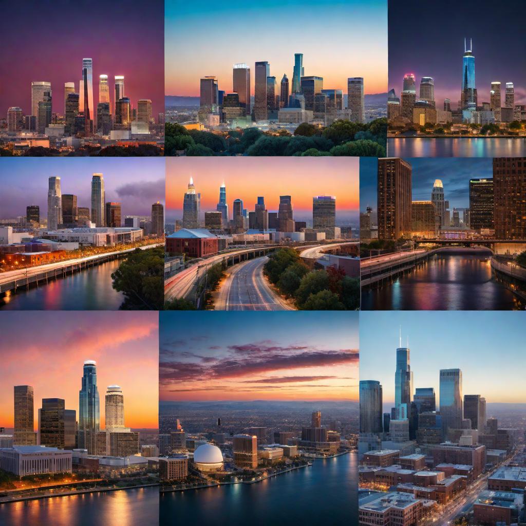  Collage of vibrant and artistic cities for musicians and artists like Los Angeles, Nashville, Atlanta, and New York City, showcasing diverse cultural scenes and music venues. hyperrealistic, full body, detailed clothing, highly detailed, cinematic lighting, stunningly beautiful, intricate, sharp focus, f/1. 8, 85mm, (centered image composition), (professionally color graded), ((bright soft diffused light)), volumetric fog, trending on instagram, trending on tumblr, HDR 4K, 8K