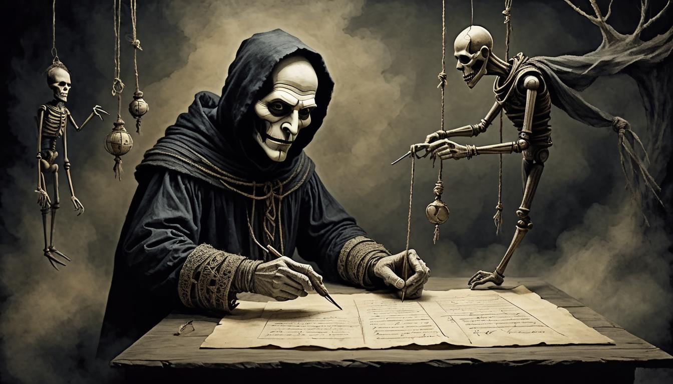  on parchment, surrealism+++, A puppet with strings manipulated by unseen hands, dark shadowy background, sense of control and influence, tense and eerie(mysterious, provocative, symbolic,muted color)+++